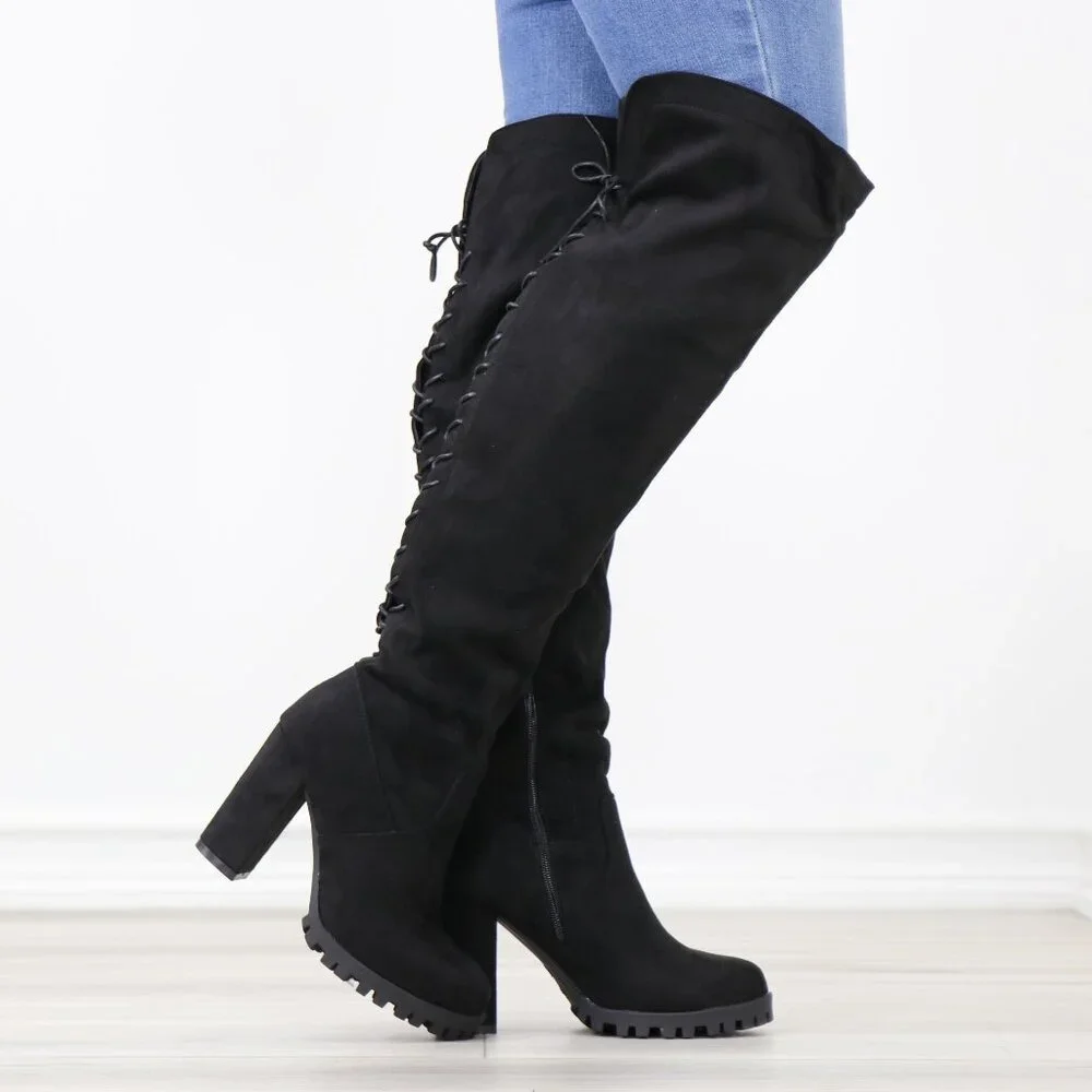 Full Lace-Up Back Black Faux Suede Thigh High Over The Knee Lug Block Heel Boots